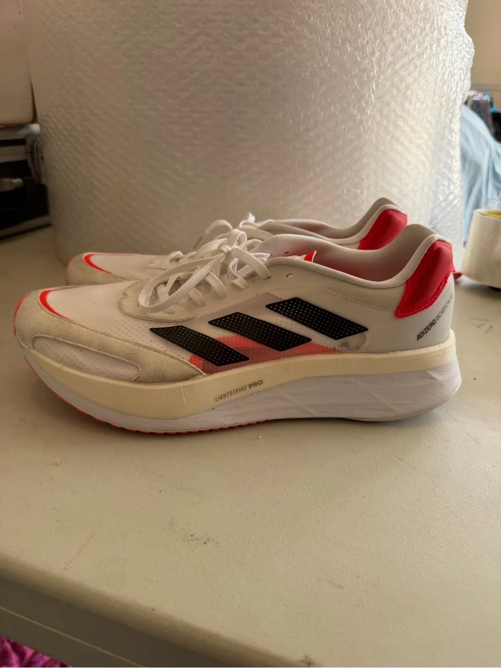 Men’s adidas Size 11 White Athletic Running with Red Accents ADIZERO Boston 10